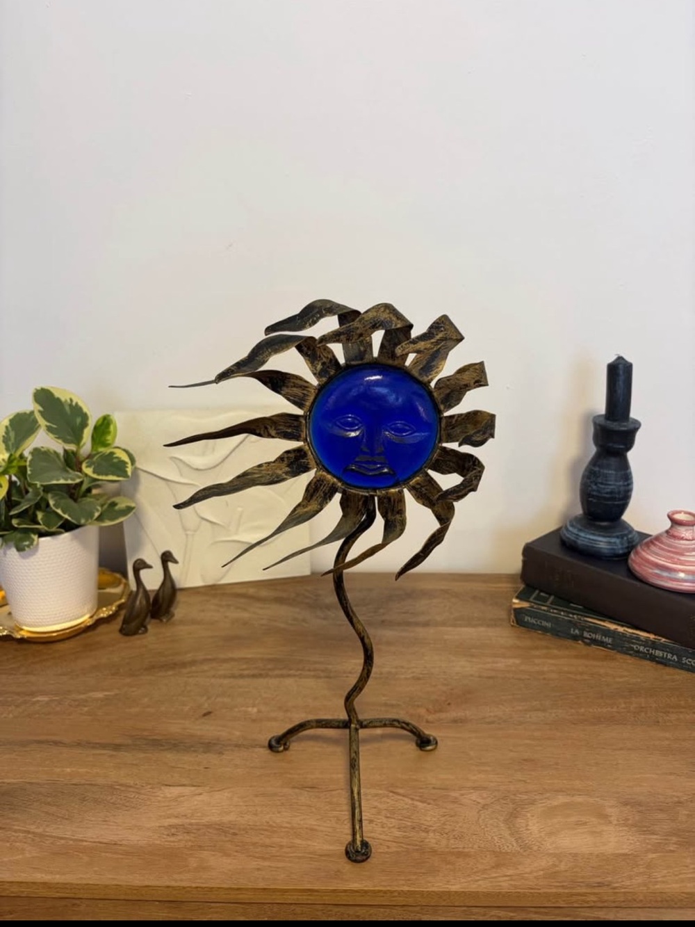 90s Celestial Sun Glass Metal Candle Holder Bundle Boho Mystical Decor Blue